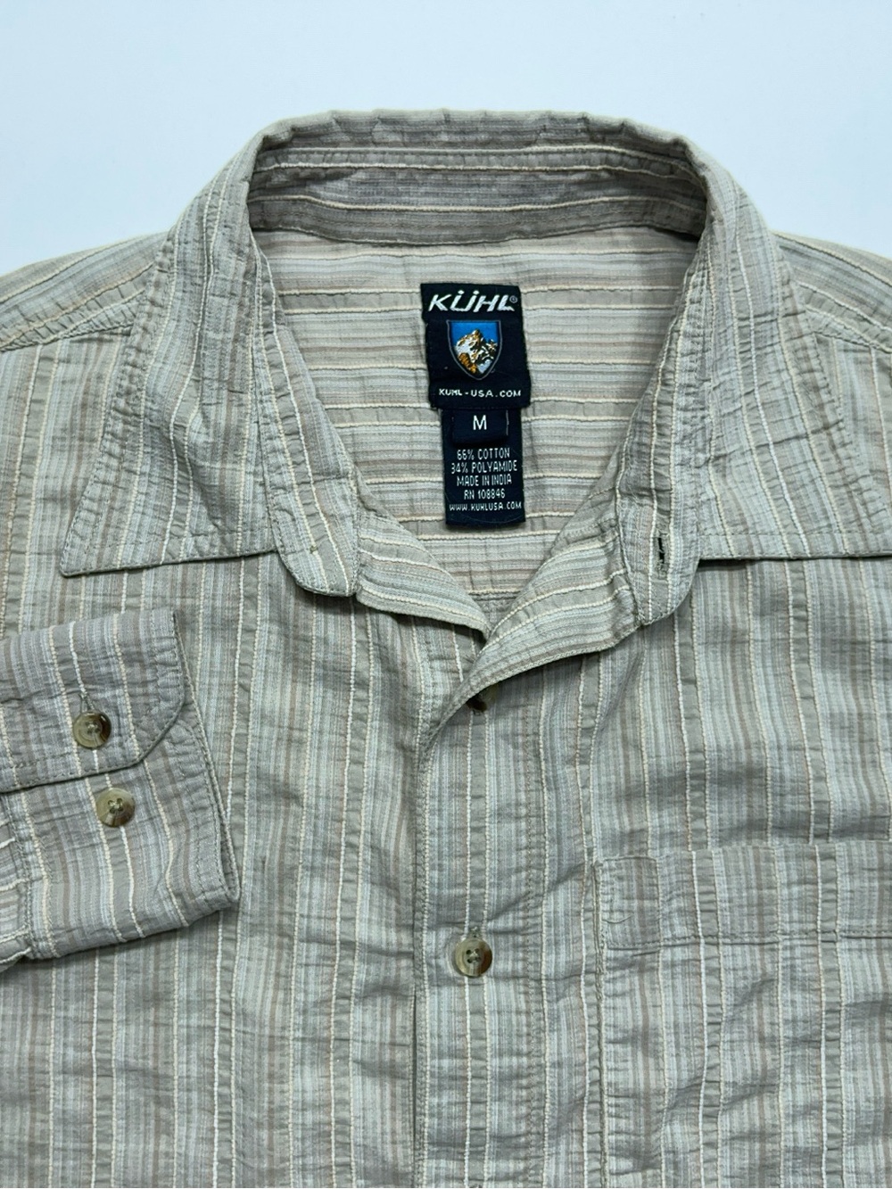 Kuhl Striped Crinkle Button Up Shirt Mens Size Medium Khaki Long Sleeve Pocket